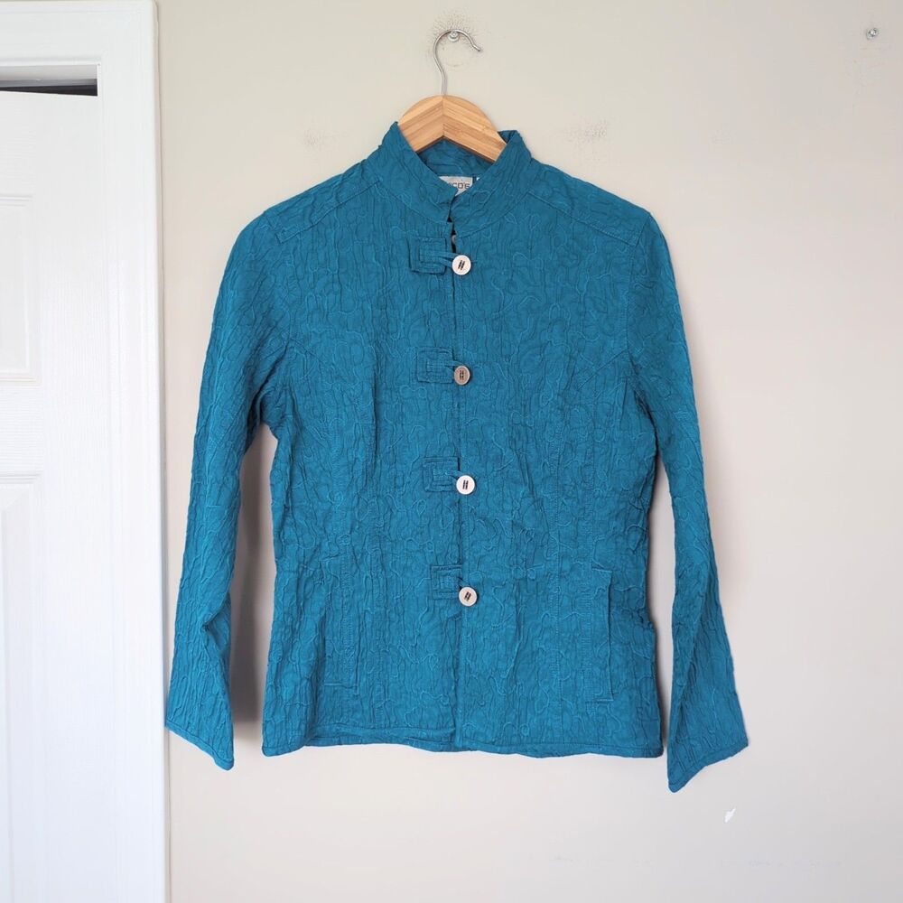 Chico's Teal Blue Textured Mandarin Collar Jacket Loop Button Size 0 Vintage